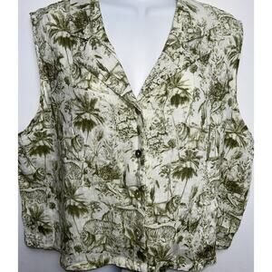 Rachel Zoe Top Womens XL Green Linen Safari Lion Tiger Button Shirt Sleeveless